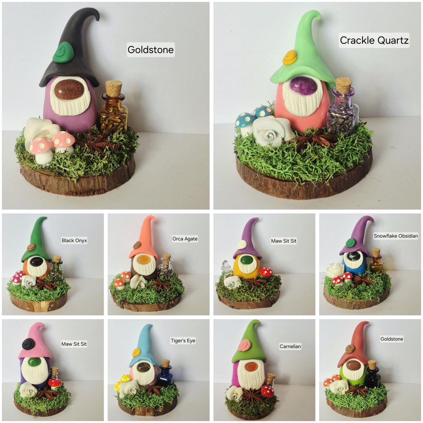A 3x4 collage showing multiple small gonk figurines and decorative bases on a white background, with labels including Goldstone, Crackle Quartz, Black Orvy, Once Agile, Mew Sit St, Snowflake Obsidian, Mew Sit St, Tiger's Eye, and Caravan. The gonks have colorful hats, white beards, and are displayed on mossy round bases with small accessories.