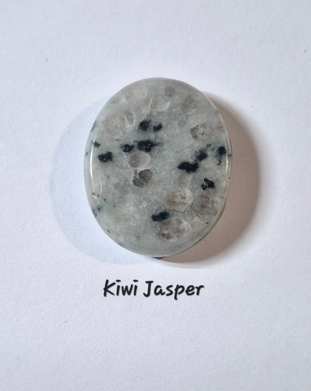 An oval worry gemstone labeled 'Kiwi Jasper' on a white background. The stone is pale greenish-gray with black and dark gray kiwi-like spots, and is photographed with a soft shadow underneath.