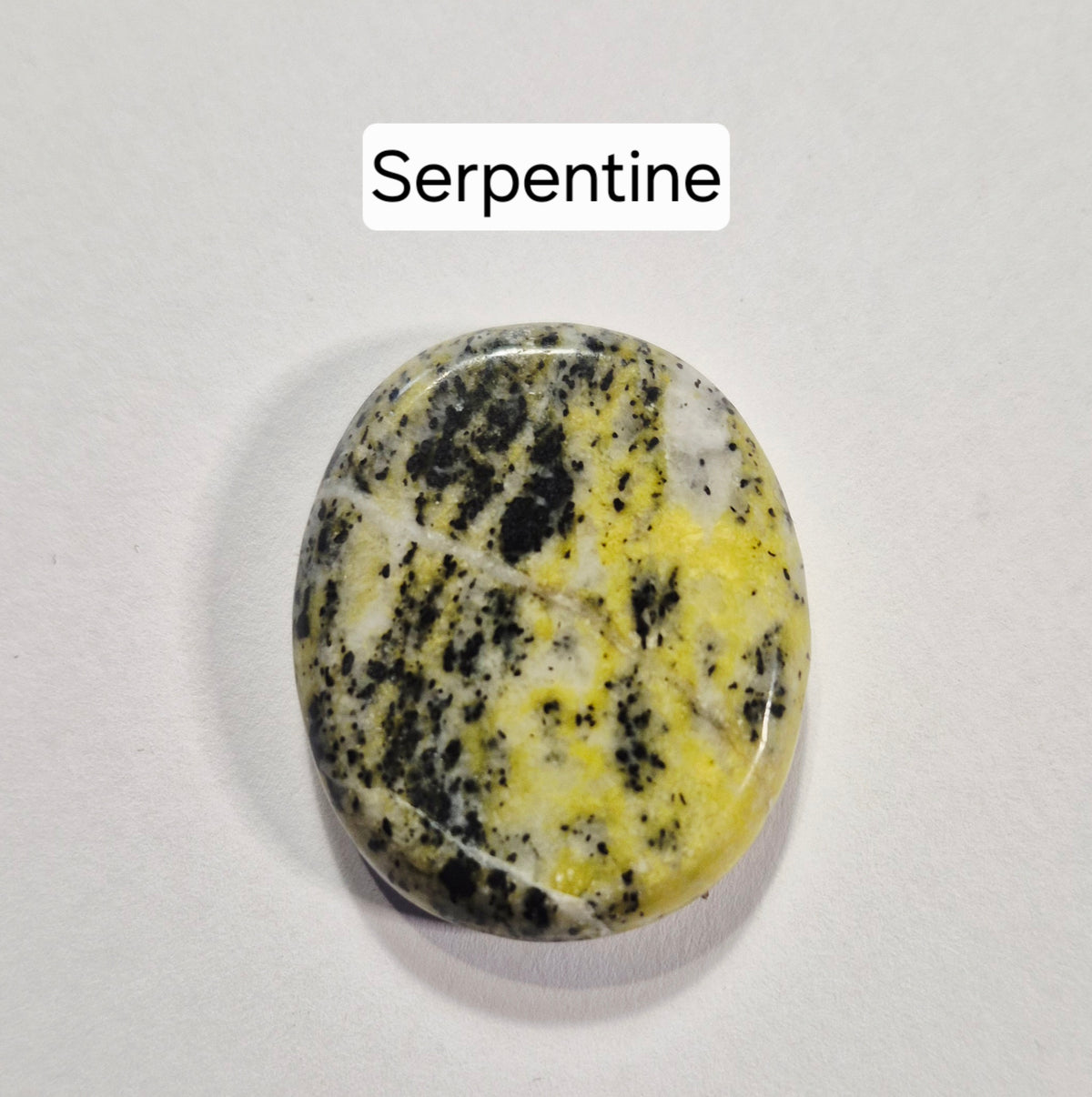 A polished oval worry stone of serpentine stone with a marbled pattern of yellow, black, and white, shown on a light gray background with a text label 'Serpentine' above it.