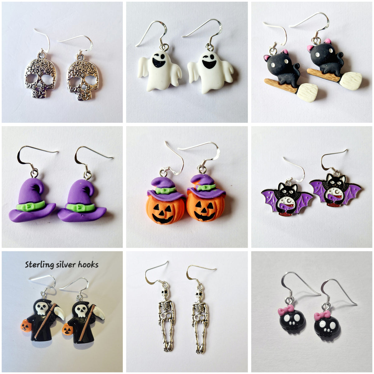 A 3x3 collage showing nine pairs of Halloween-themed dangle earrings on white backgrounds. The designs include silver skull, white ghost, black cat on broom, purple witch hat, orange pumpkin, black bat, skeleton, and black cat with pink bow.