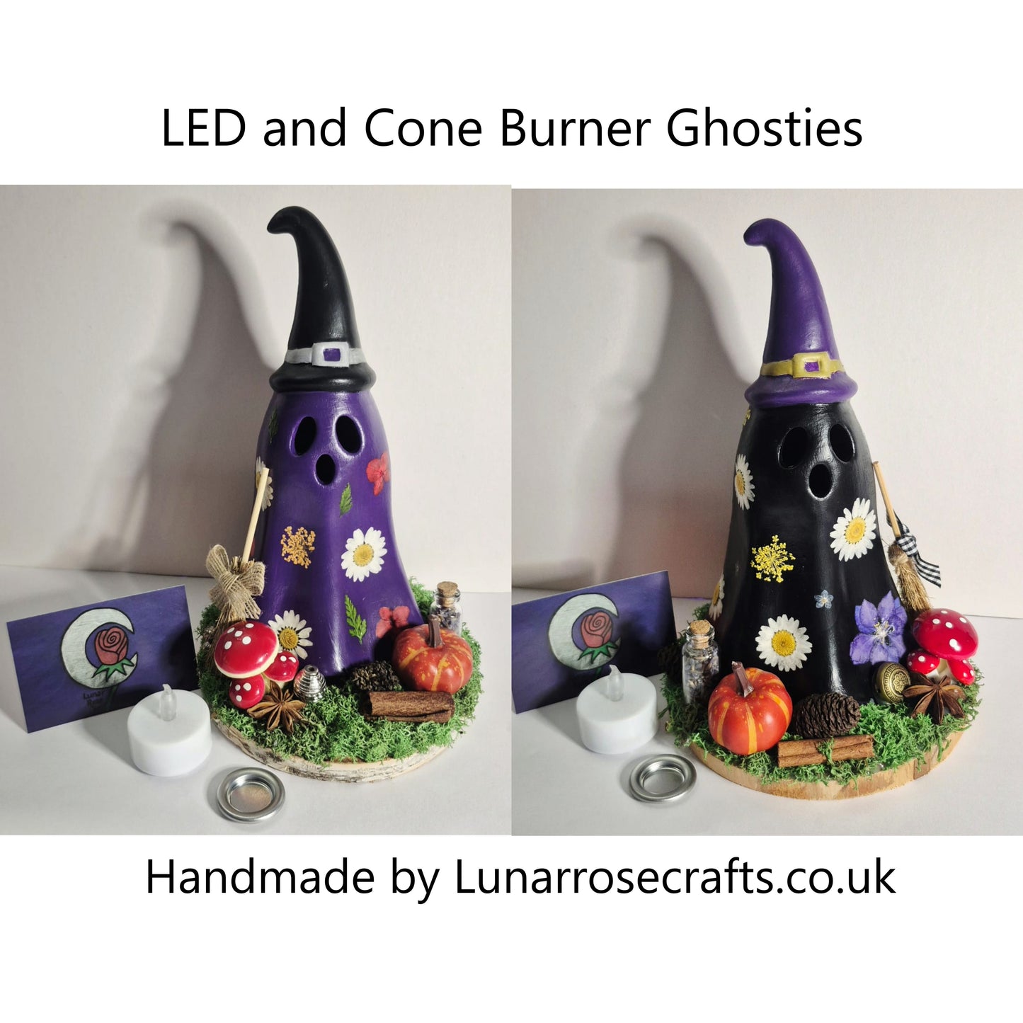 Two decorative Witchy Ghost shaped cone burners shown side by side on a white surface against a plain wall, with text reading 'LED and Cone Burner Ghosties' at the top and 'Handmade by Lunarroscrafts.co.uk with real pressed flowers and magical trinkets