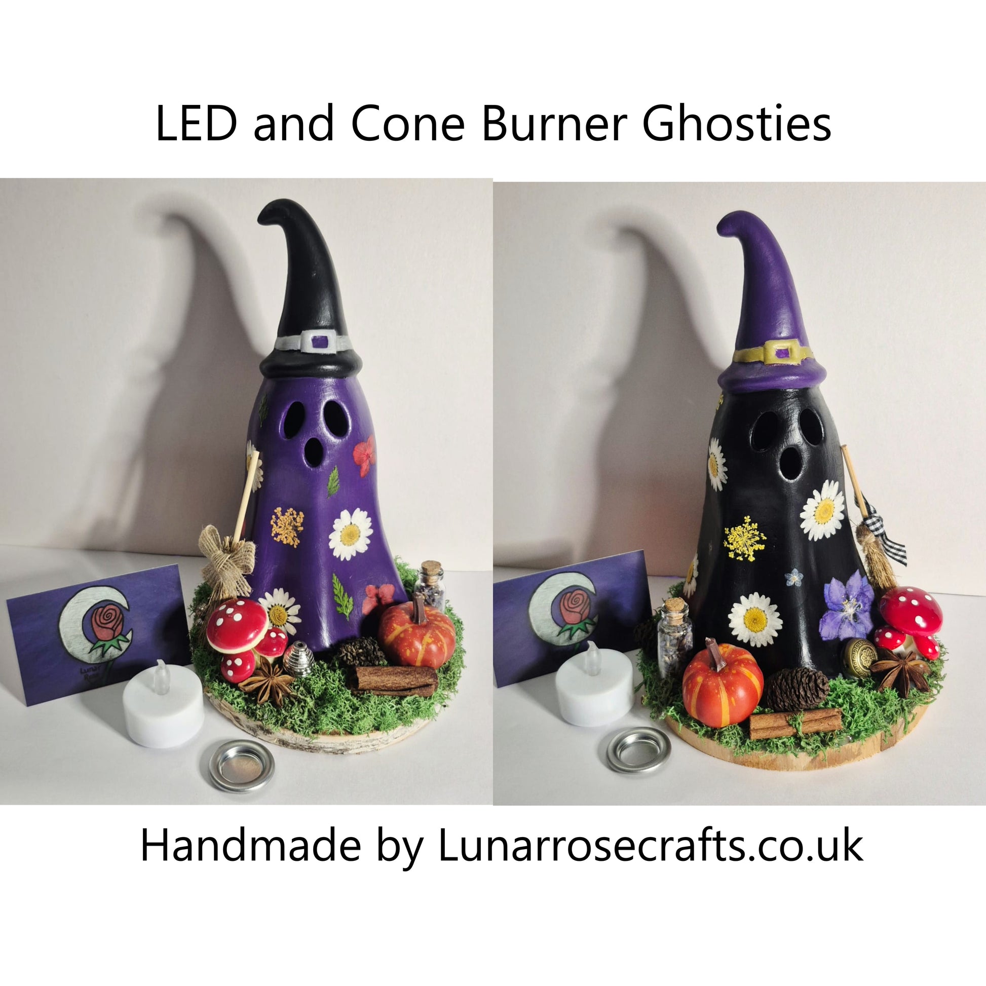 Two decorative Witchy Ghost shaped cone burners shown side by side on a white surface against a plain wall, with text reading 'LED and Cone Burner Ghosties' at the top and 'Handmade by Lunarroscrafts.co.uk with real pressed flowers and magical trinkets