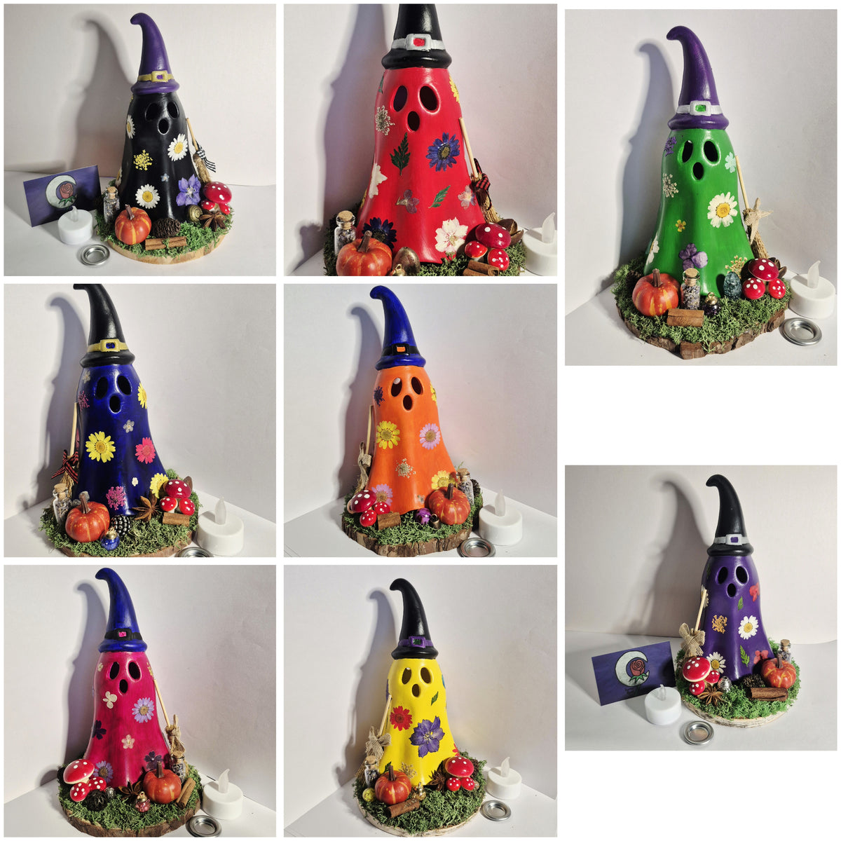 A collage of eight photos showing handmade Ghost LED Candle and Cone Burners. decorated in multiple colours, including black, red, green, blue, orange, pink, and yellow, each with small pumpkins, flowers, mushrooms, and a base.