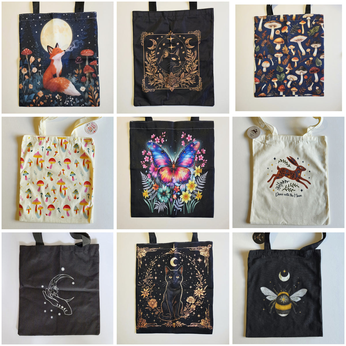 A 3x3 grid showing nine reusable fabric tote bags with different woodland and celestial prints, including a fox under a moon, a crescent moon frame, mushrooms, a butterfly, a hare, a crescent moon and stars, a black cat, and a bee.
