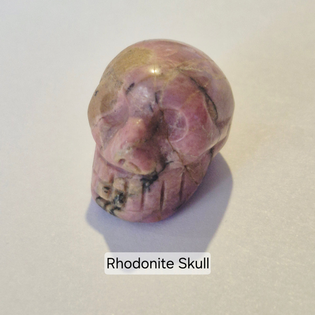 A polished rhodonite skull carved from pinkish stone with natural darker veining, photographed on a plain light background. A label below reads 'Rhodonite Skull'.