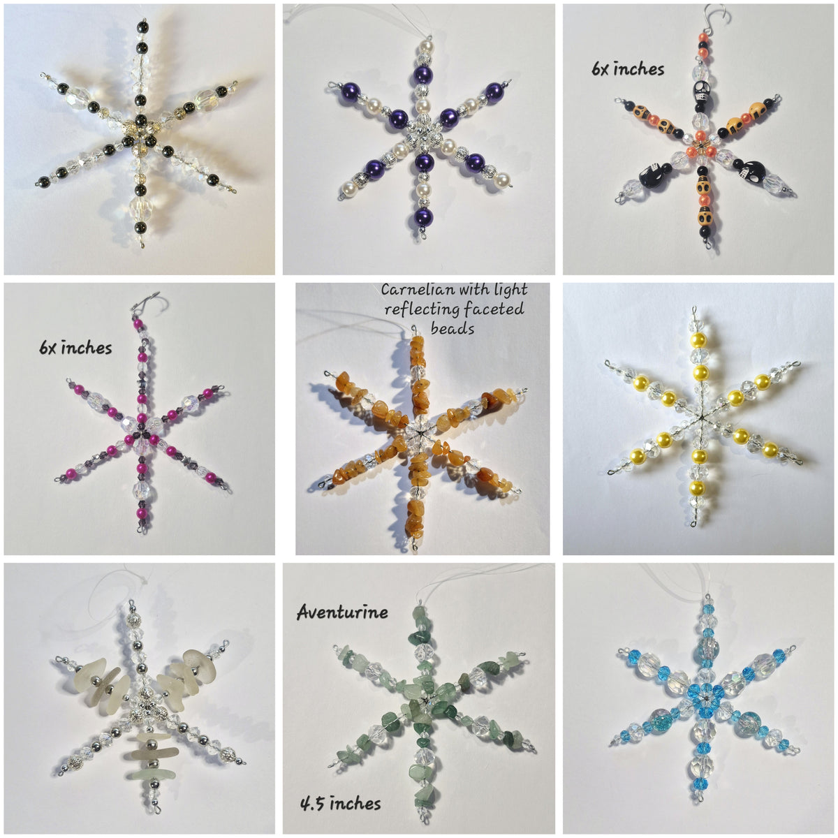 A 3x3 collage showing nine different beaded snowflake ornaments on a white background, each with different bead colors and sizes. Text labels include '6x inches', 'Carnelian with light reflecting faceted beads', 'Aventurine', and sizes