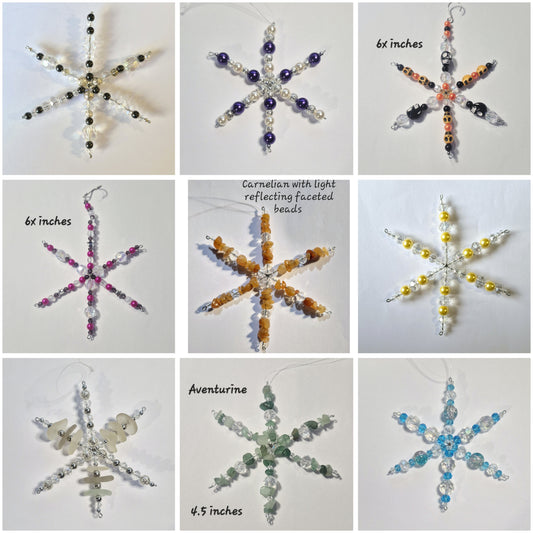 A 3x3 collage showing nine different beaded snowflake ornaments on a white background, each with different bead colors and sizes. Text labels include '6x inches', 'Carnelian with light reflecting faceted beads', 'Aventurine', and sizes
