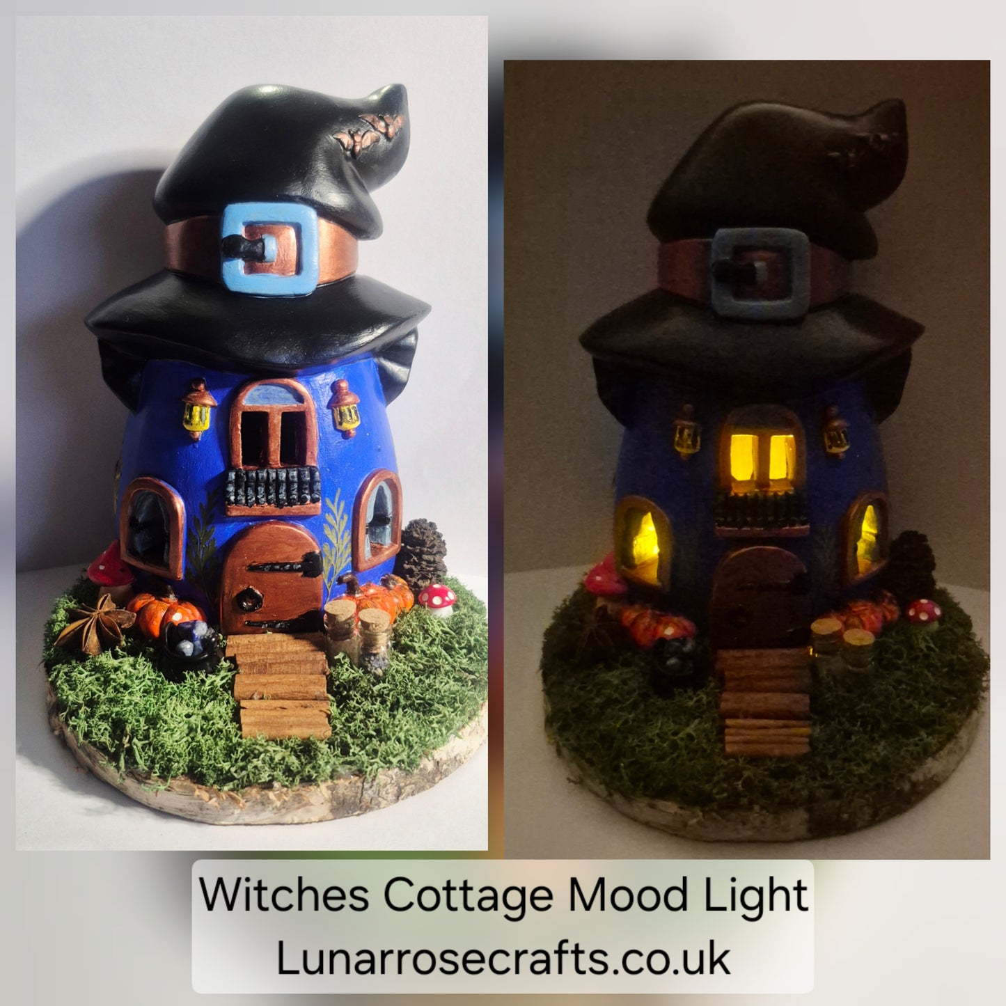 A split comparison of a handmade witch cottage figurine, shown unlit on the left and lit with warm yellow mood lights on the right. The cottage has a dark blue body, a black pointed witch hat with a blue buckle, a brown door, and is decorated with faux moss, pumpkins, and mushrooms on a round base.