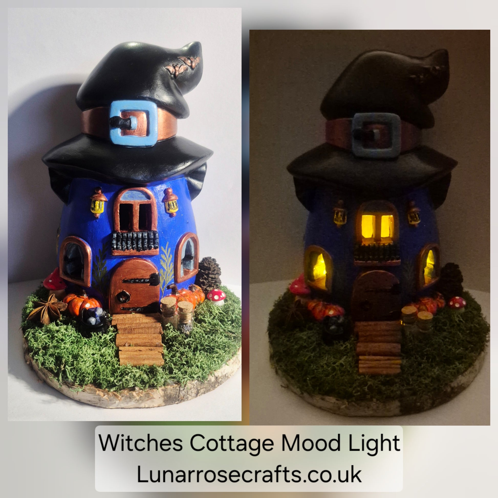 A split comparison of a handmade witch cottage figurine, shown unlit on the left and lit with warm yellow mood lights on the right. The cottage has a dark blue body, a black pointed witch hat with a blue buckle, a brown door, and is decorated with faux moss, pumpkins, and mushrooms on a round base.