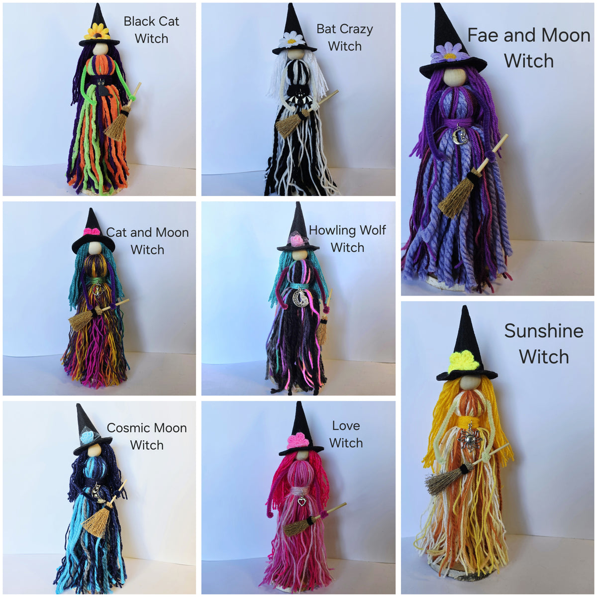A 3x3 collage showing nine different handmade yarn witch dolls with text labels naming each variety, including Black Cat Witch, Bat Crazy Witch, Fae and Moon Witch, Cat and Moon Witch, Howling Wolf Witch, Sunshine Witch, Cosmic Moon Witch, Love Witch, and a Sunshine Witch figure.