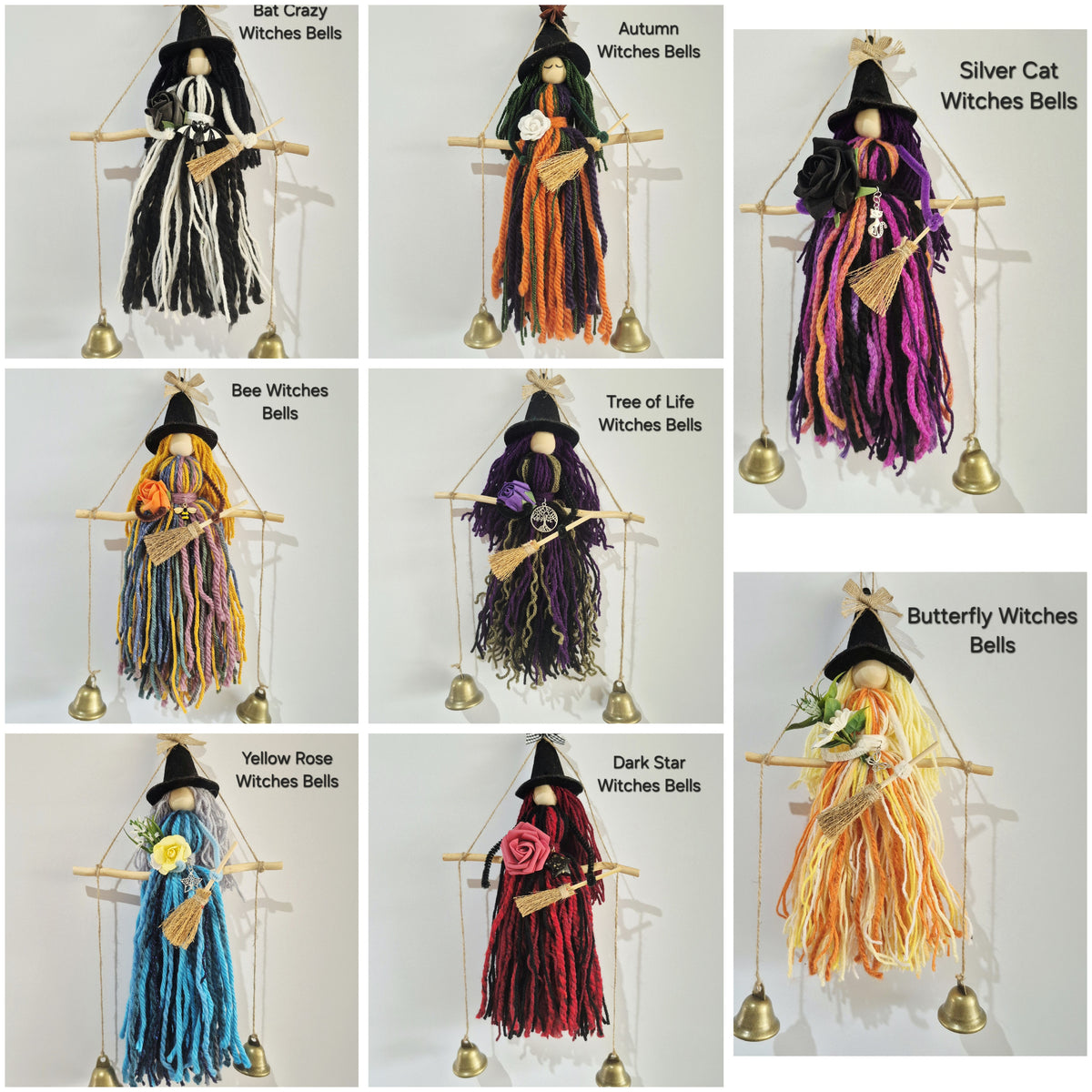 A collage of nine witch-themed hanging bell ornaments made from yarn, wood, and small brass bells, each labeled with a name such as 'Bat Crazy Witches Bells,' 'Autumn Witches Bells,' 'Silver Cat Witches Bells,' 'Bee Witches Bells,' 'Tree of Life Witches Bells,' 'Yellow Rose Witches Bells,' and 'Butterfly Witches Bells.'.