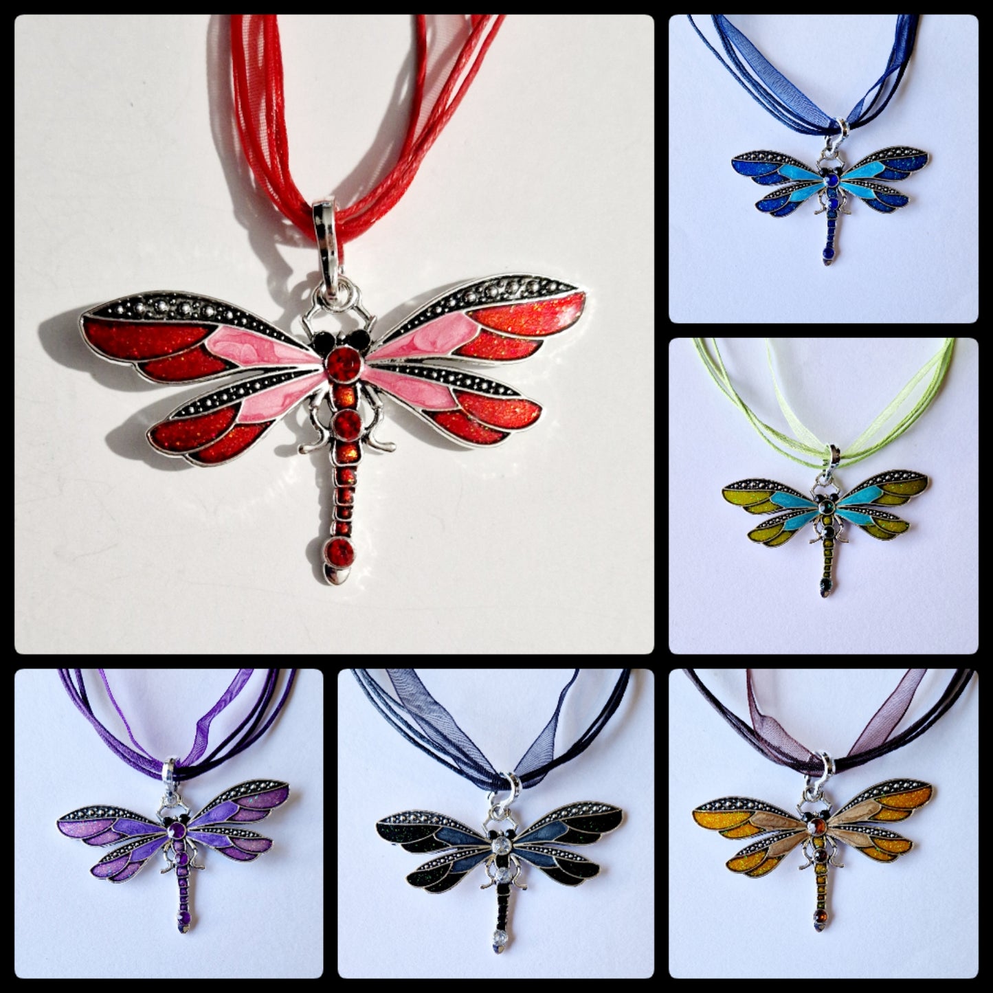 Ribbon and Cord Dragonfly Pendant Necklaces