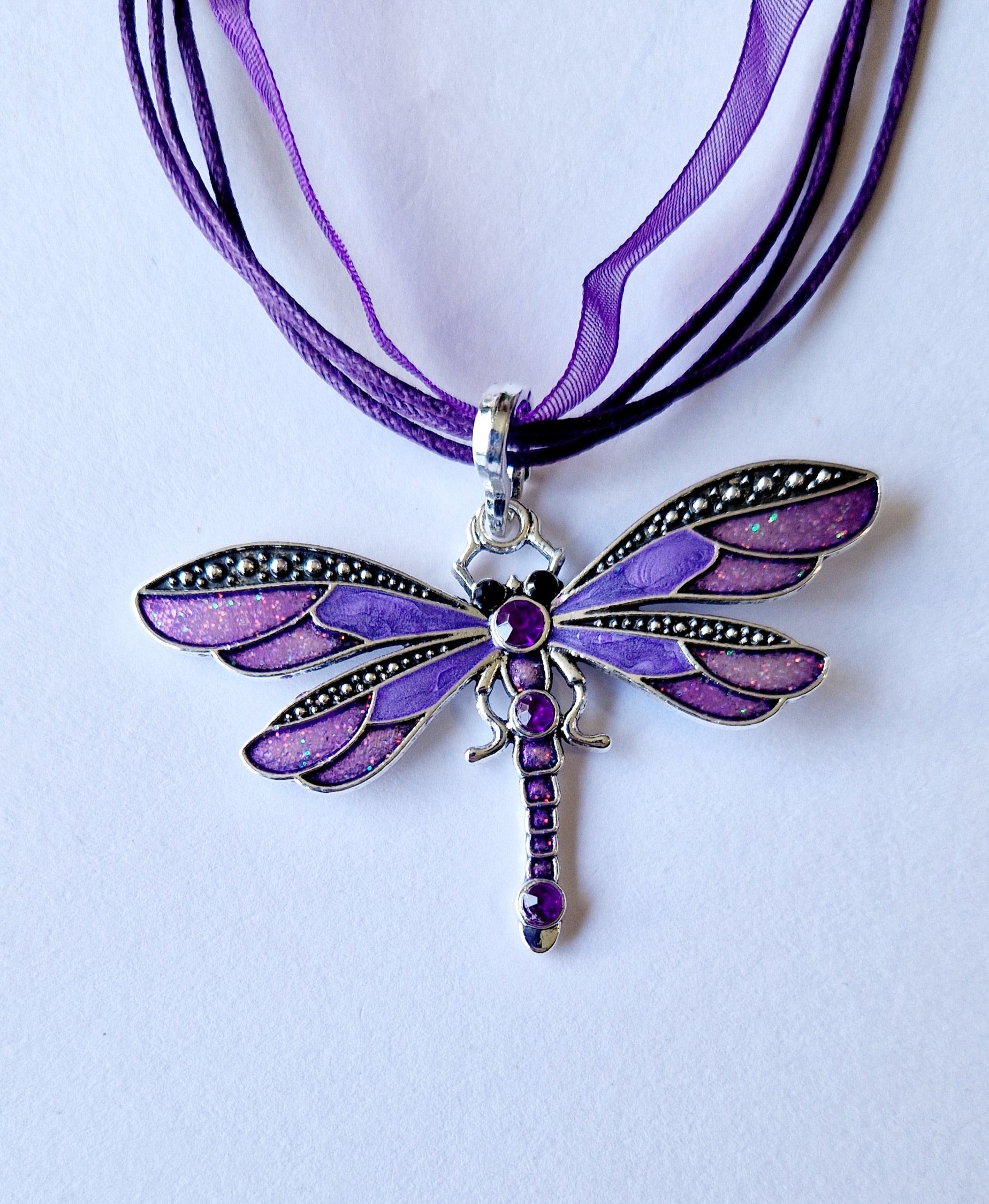 Ribbon and Cord Dragonfly Pendant Necklaces