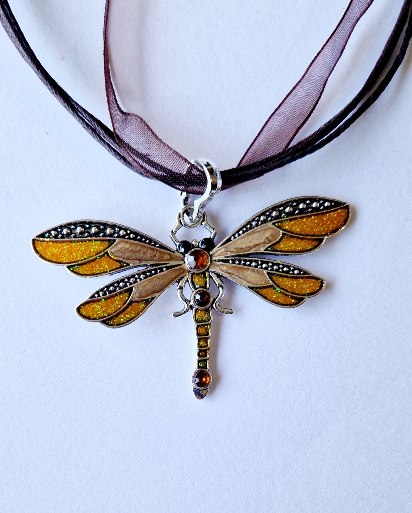 Ribbon and Cord Dragonfly Pendant Necklaces