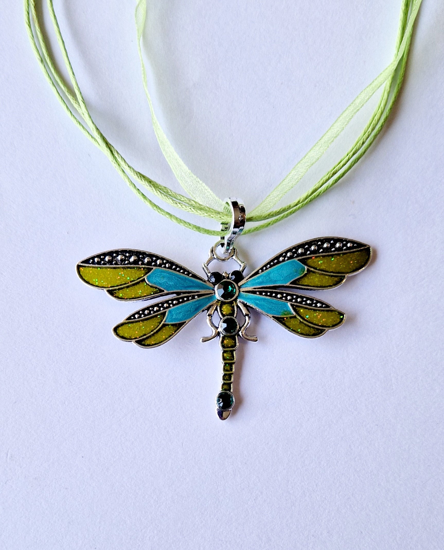 Ribbon and Cord Dragonfly Pendant Necklaces