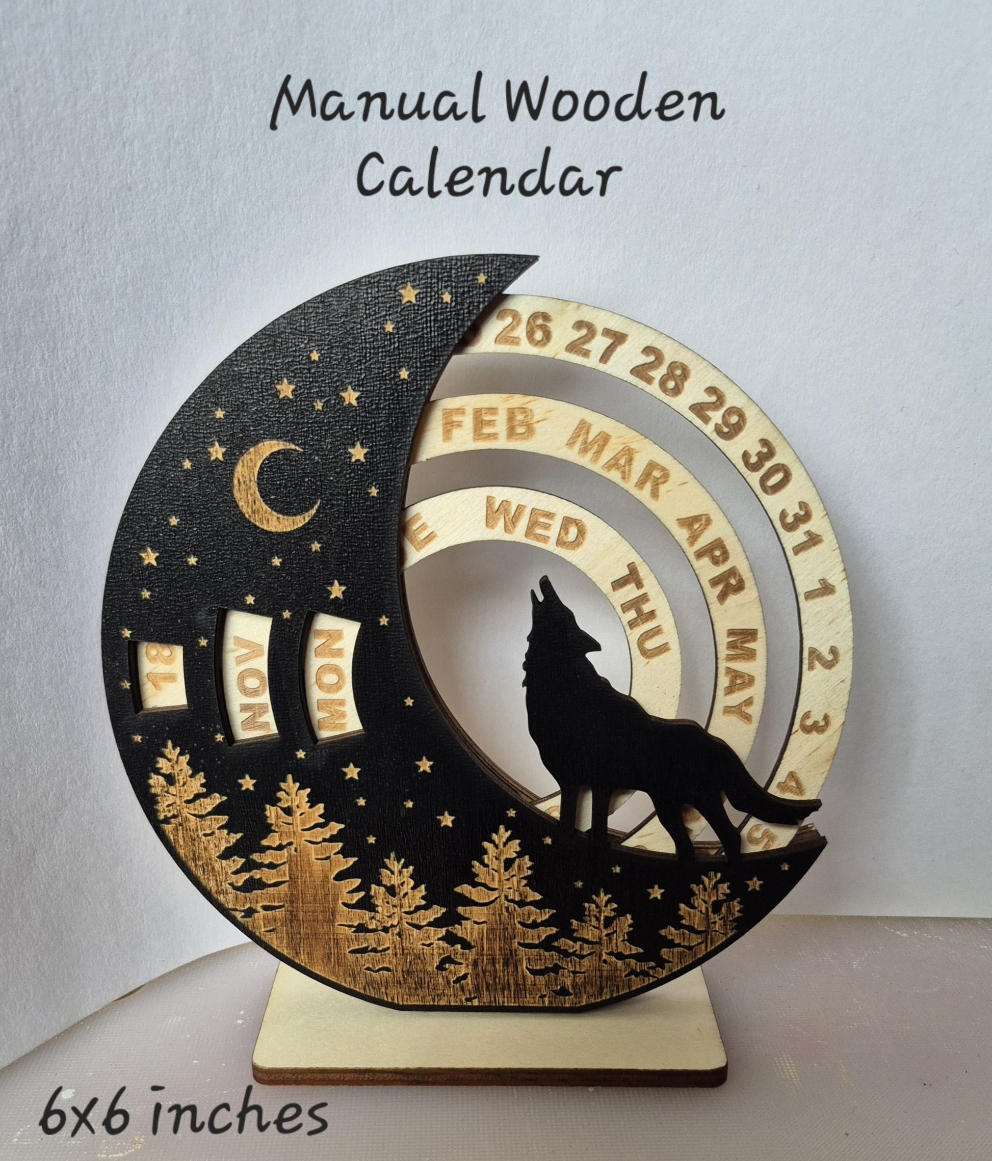 Wooden Calendar – Howling Wolf Design