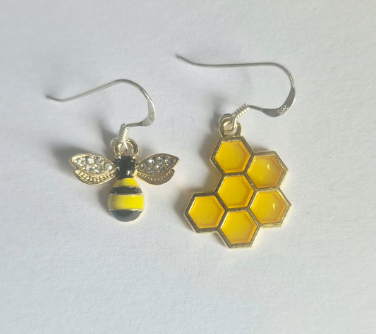 Mismatched Bee and Honeycomb Earrings